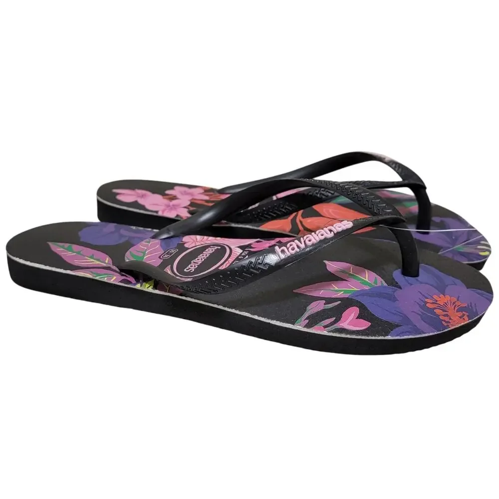 Havaianas Women Slim Floral Flip Flop Sandals Size US 6 Black Pink Flowers